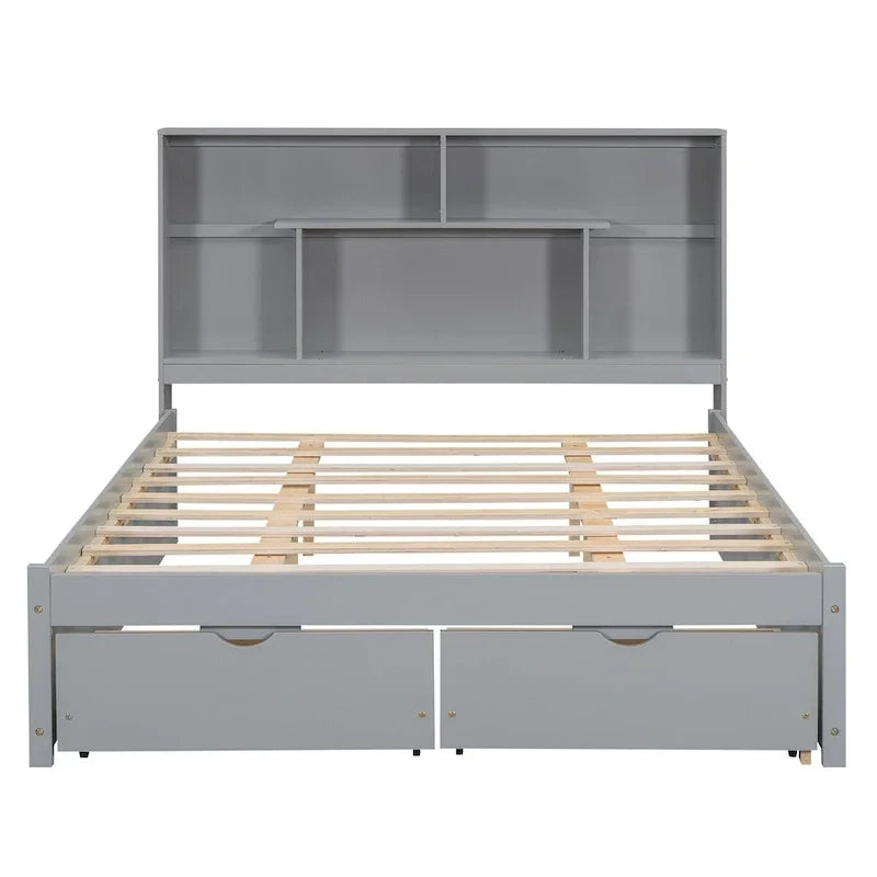 Lit plateforme Queen Size avec tête de lit de rangement et 2 tiroirs