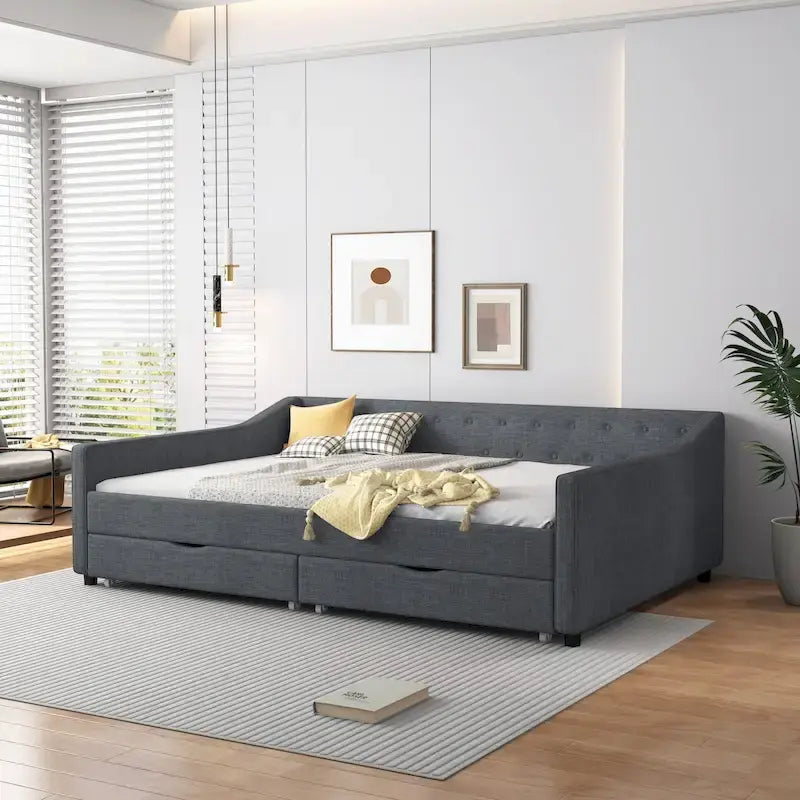 Lit banquette double rembourré avec tiroirs pour chambre à coucher