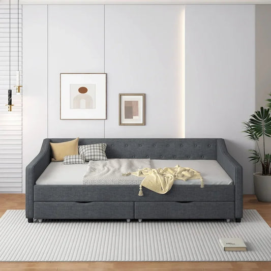 Lit banquette double rembourré avec tiroirs pour chambre à coucher