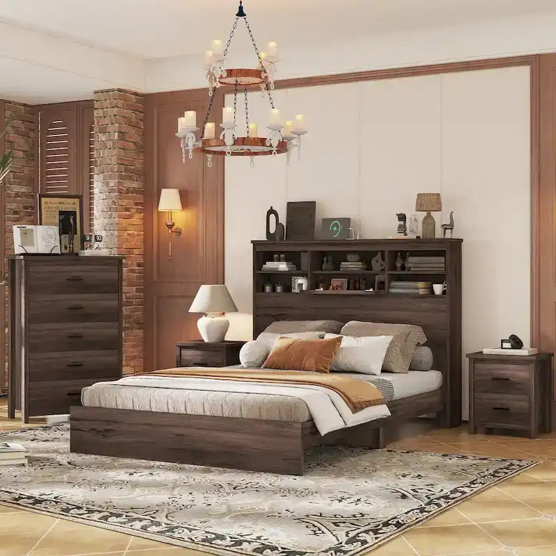 Ensembles de chambre à coucher 4 pièces grand lit (Queen Size) en bois vintage avec 2 tables de chevet et 1 commode