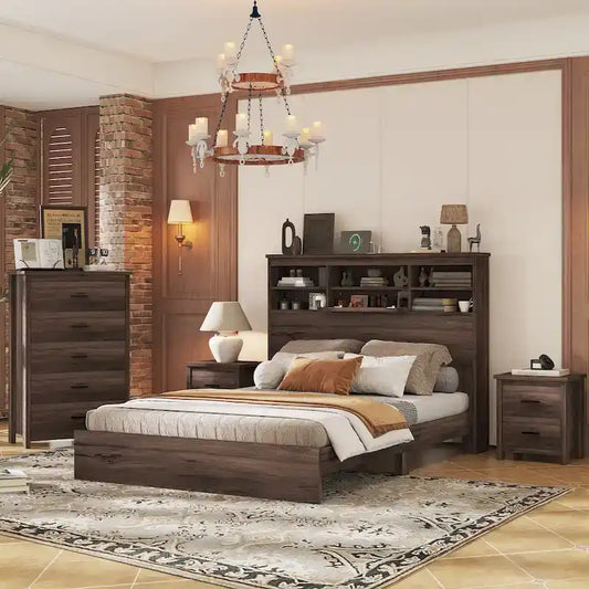 Ensembles de chambre à coucher 4 pièces grand lit (Queen Size) en bois vintage avec 2 tables de chevet et 1 commode