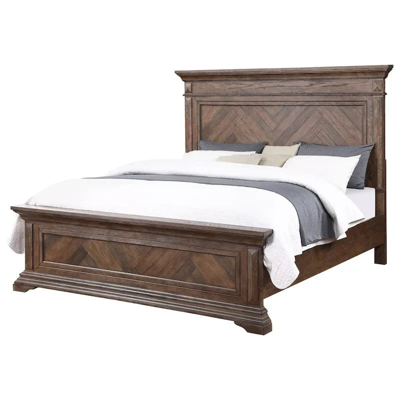 Lit Queen Size Marv, motif parquet, style traditionnel, bois brossé marron