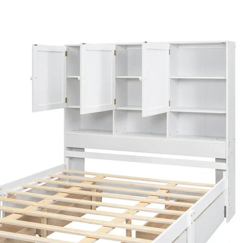 Lit plateforme Queen Size avec tête de lit de rangement et 4 tiroirs
