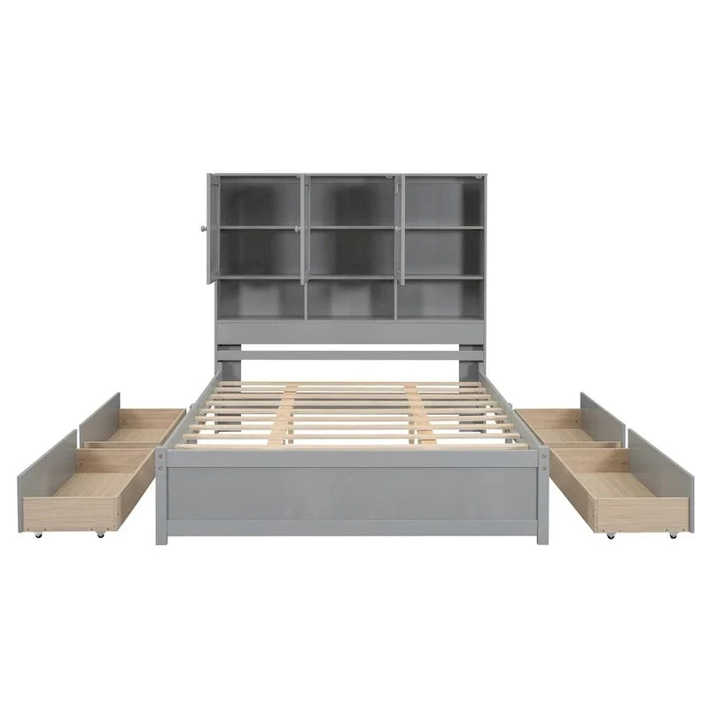 Lit plateforme Queen Size avec tête de lit de rangement et 4 tiroirs