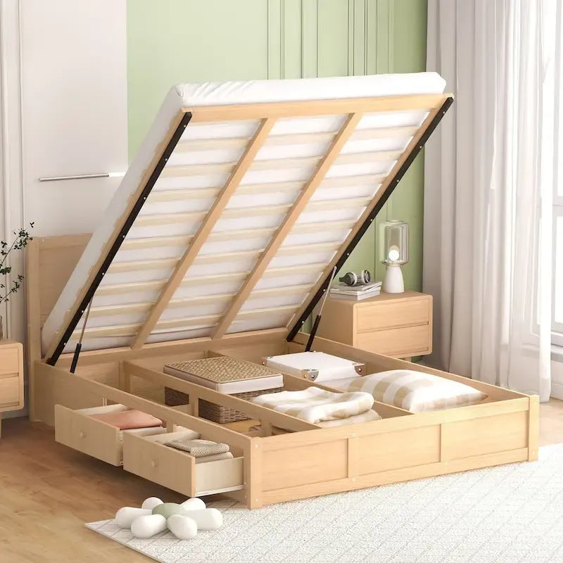 Lit plateforme en bois avec rangement intégré et 2 tiroirs