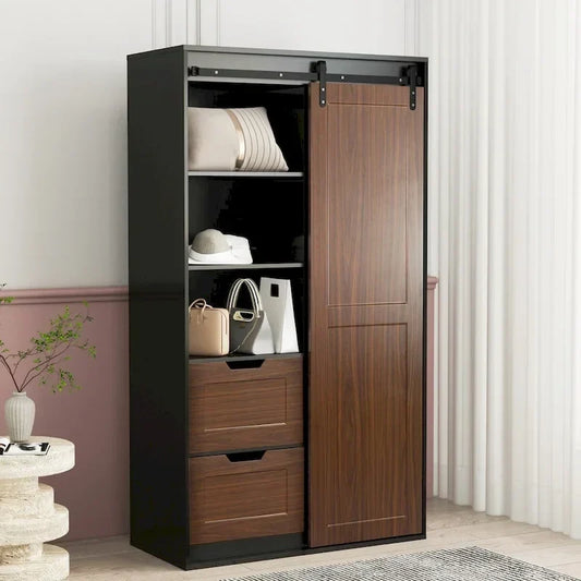 Armoire et penderie hautes de 71 pouces, armoire classique à porte coulissante de style grange
