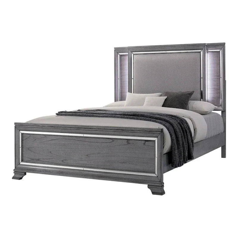 Ensemble lit panneau et table de chevet contemporains 2 pièces Taia gris avec LED Furniture of America