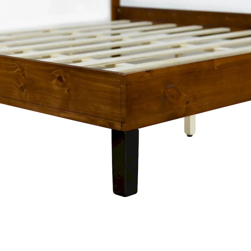 Cadre de Lit en Bois Massif Style Mid-Century Modern Lit Plateforme Queen Size avec Tête de Lit en Trois Parties, Aucun Sommier Tapissier Requis, Marron