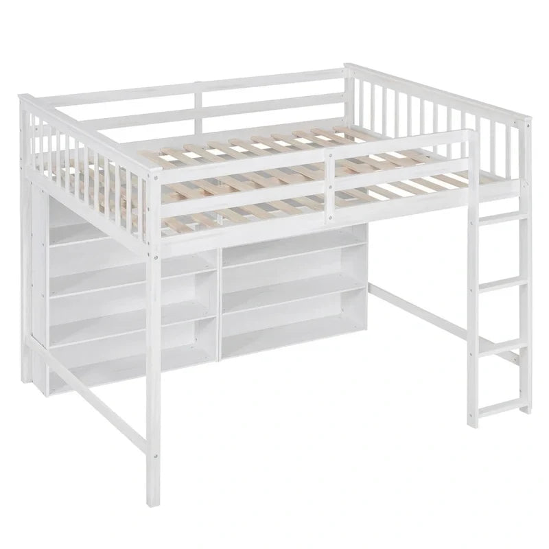 Lit mezzanine double avec 8 étagères de rangement ouvertes et échelle intégrée