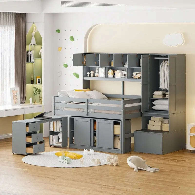 Lit mezzanine en bois pleine grandeur grand rangement avec bureau sous le lit, avec tiroirs, avec étagères