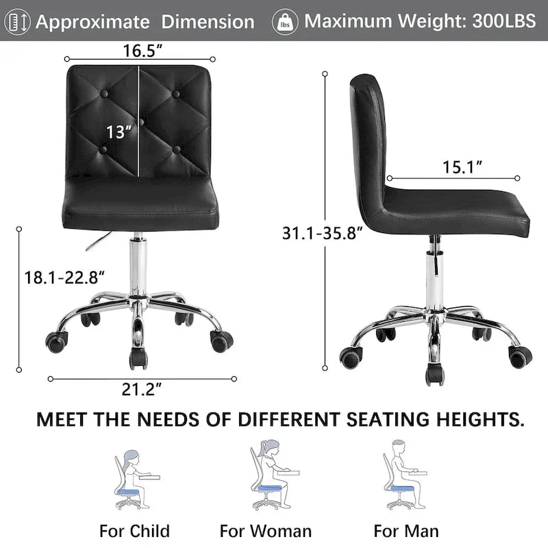 Javlergo Chaise de bureau sans accoudoirs, en cuir PU, hauteur réglable, pivotante à 360° pour le télétravail ou le bureau