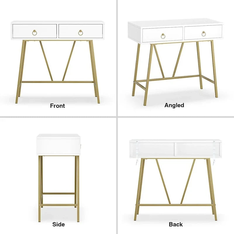 Anmytek Bureau Moderne pour Bureau à Domicile 35.4 Table de Maquillage Blanche 2 Tiroirs Bureau d'Écriture Informatique avec Pieds Dorés