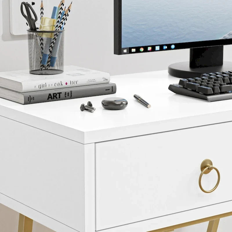 Anmytek Bureau Moderne pour Bureau à Domicile 35.4 Table de Maquillage Blanche 2 Tiroirs Bureau d'Écriture Informatique avec Pieds Dorés