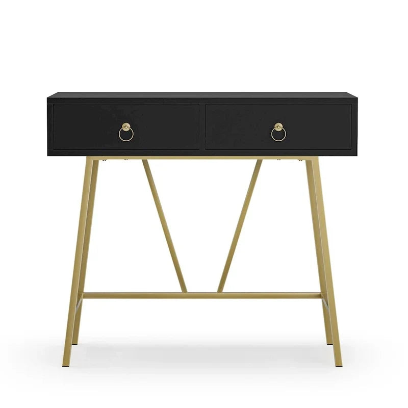 Anmytek Bureau Moderne pour Bureau à Domicile 35.4 Table de Maquillage Blanche 2 Tiroirs Bureau d'Écriture Informatique avec Pieds Dorés