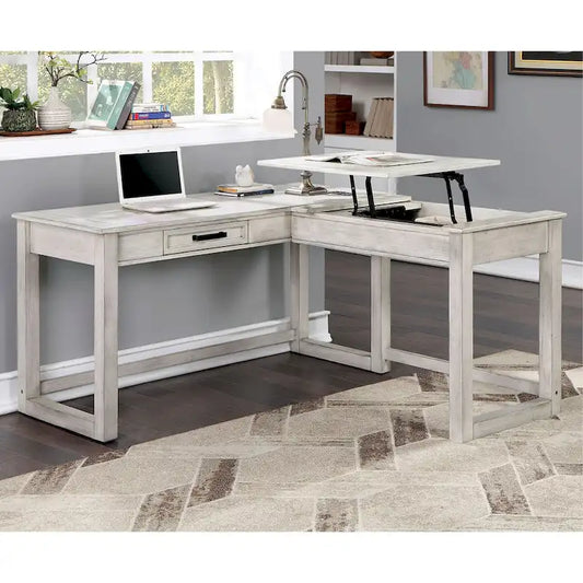Bureau d'angle blanc antique en bois avec plateau relevable et port USB Lemper Farmhouse de Furniture of America