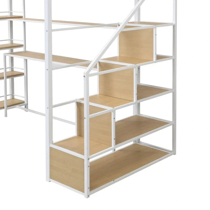 Lit mezzanine en métal MERAX, taille double, avec escalier, bureau et étagères