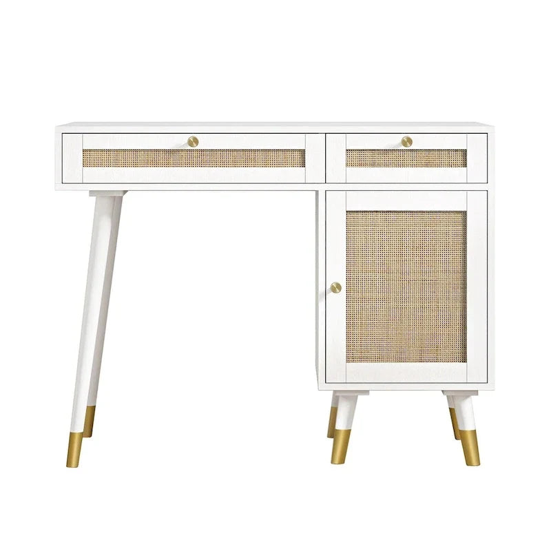 Bureau informatique avec 2 tiroirs, bureau moderne en rotin pour la maison avec caisson de classement