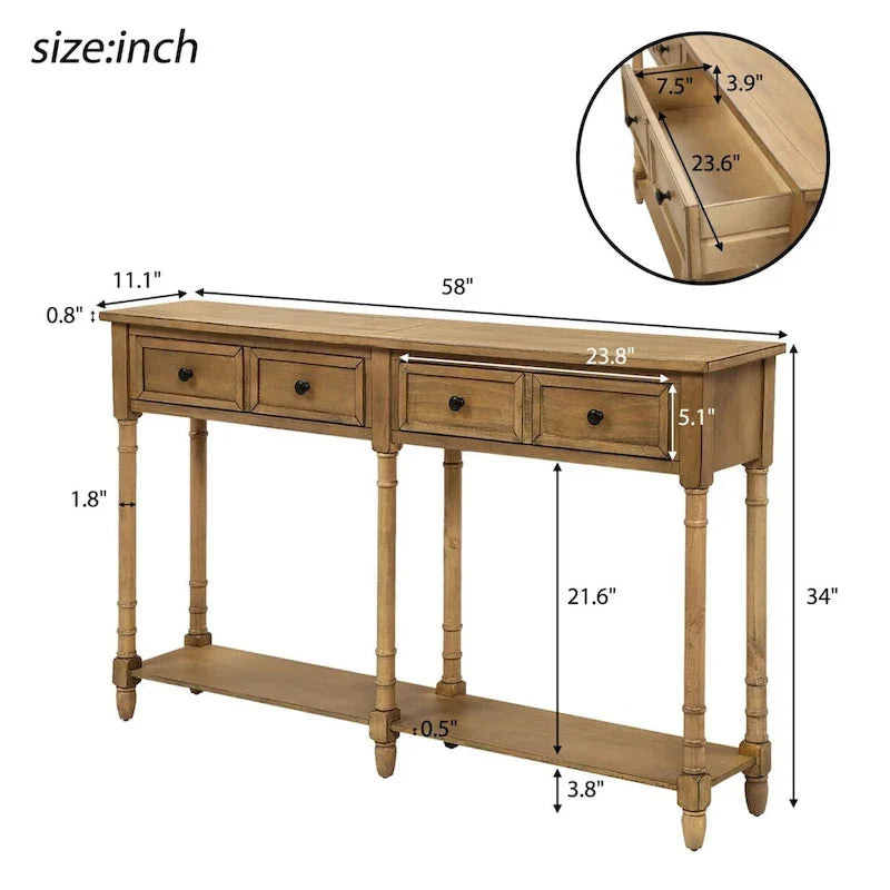Cusp Barn Console Table Table d'appoint facile à monter avec deux tiroirs de rangement et étagère inférieure pour le salon, l'entrée