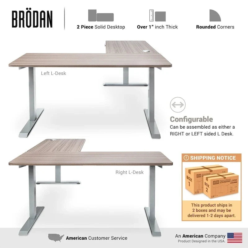 Bureau debout électrique BRODAN, bureau réglable en hauteur, en forme de L