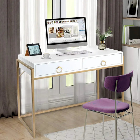 Anmytek Bureau informatique moderne blanc et or Table de toilette Table d'étude avec 2 tiroirs pour le bureau à domicile