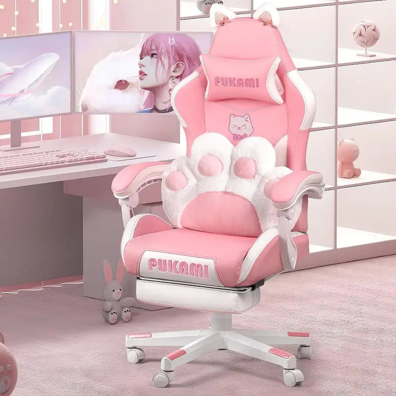 BOSSIN Fauteuil de Gamer avec Oreilles et Coussin Patte de Chat, Chaise d'Ordinateateur Inclinable Mignonne Kawaii pour Fille avec Repose-Pieds