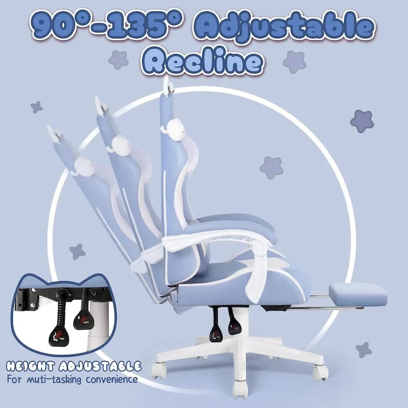 BOSSIN Fauteuil de Gamer avec Oreilles et Coussin Patte de Chat, Chaise d'Ordinateateur Inclinable Mignonne Kawaii pour Fille avec Repose-Pieds