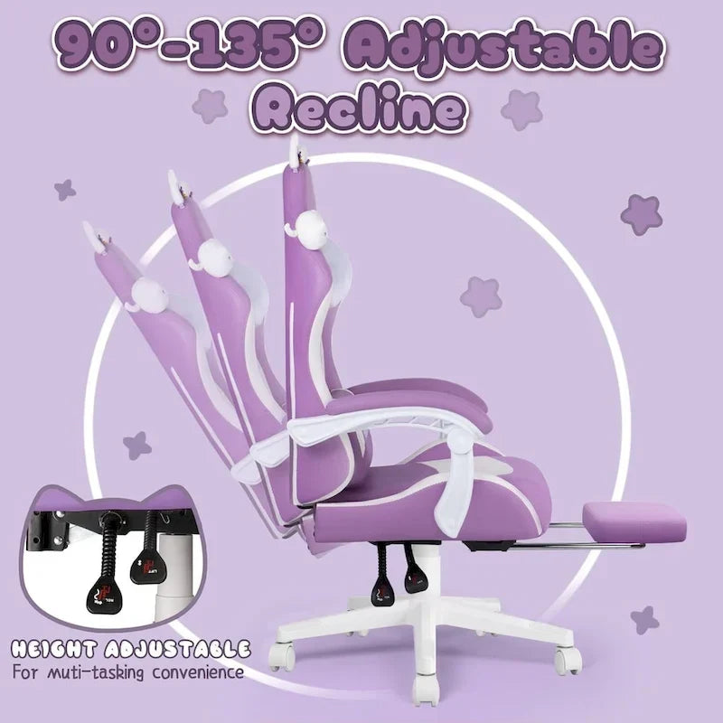 BOSSIN Fauteuil de Gamer avec Oreilles et Coussin Patte de Chat, Chaise d'Ordinateateur Inclinable Mignonne Kawaii pour Fille avec Repose-Pieds