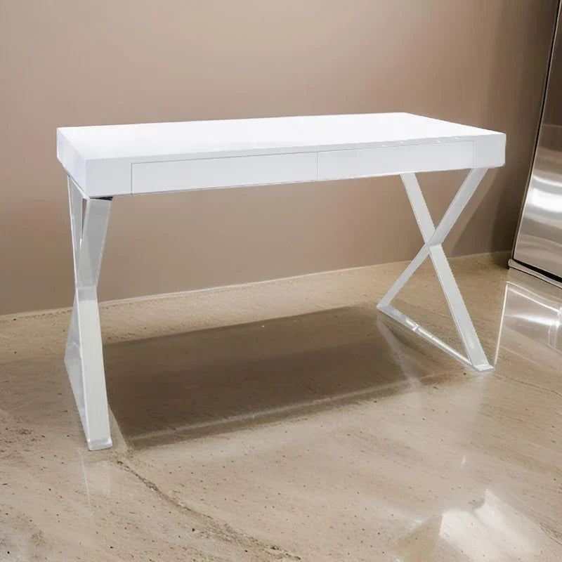 Rix Bureau de 47 pouces, plateau en bois blanc, 2 tiroirs, pieds en acier poli en X