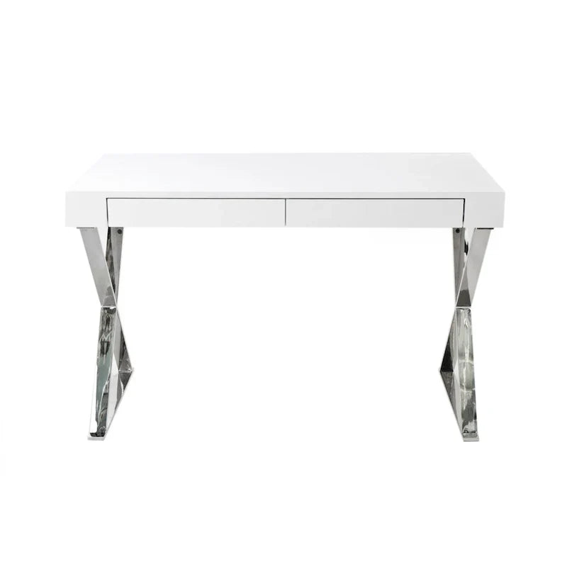 Rix Bureau de 47 pouces, plateau en bois blanc, 2 tiroirs, pieds en acier poli en X