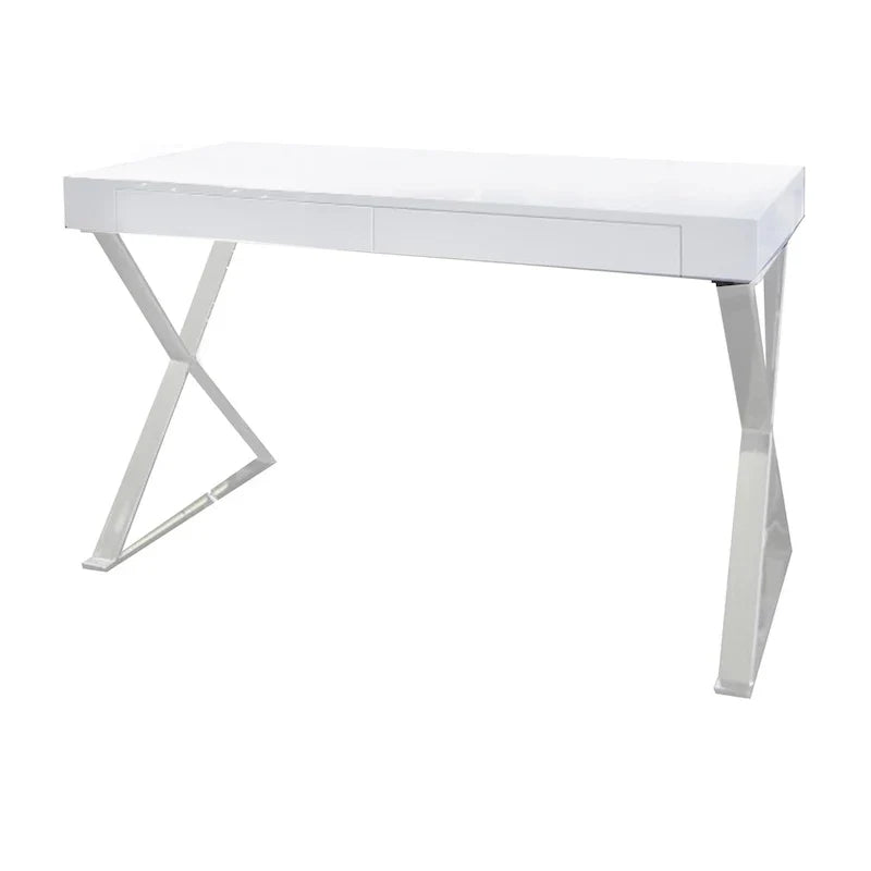 Rix Bureau de 47 pouces, plateau en bois blanc, 2 tiroirs, pieds en acier poli en X