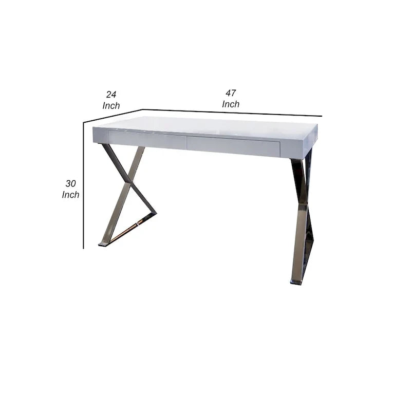 Rix Bureau de 47 pouces, plateau en bois blanc, 2 tiroirs, pieds en acier poli en X