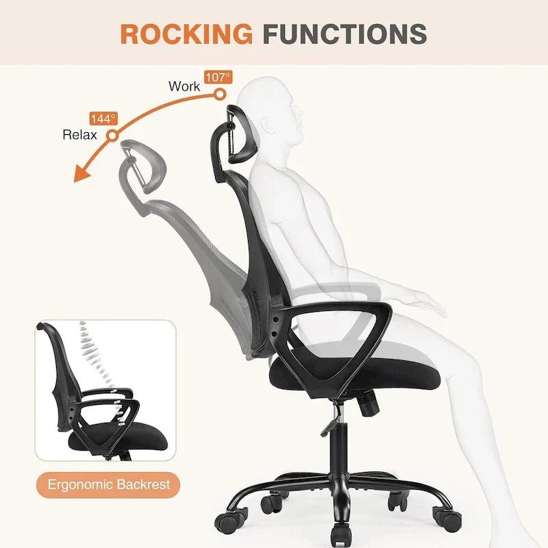 Chaise de bureau ergonomique, Chaise de bureau à dossier haut avec appui-tête, Chaise d'ordinateur pivotante en maille pour bureau à domicile Chaises de bureau