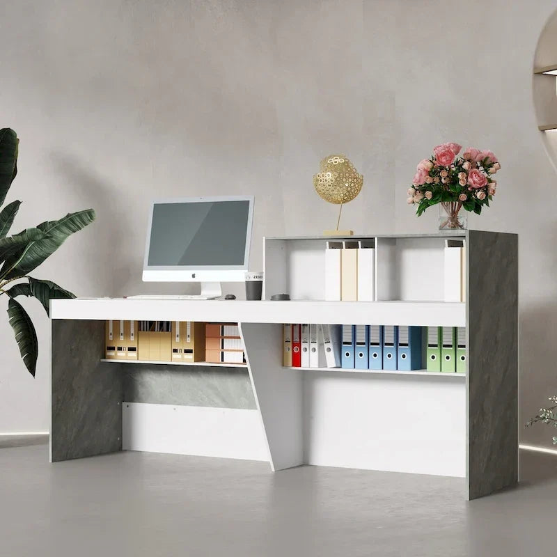 Comptoir de réception blanc avec surface informatique et 4 étagères