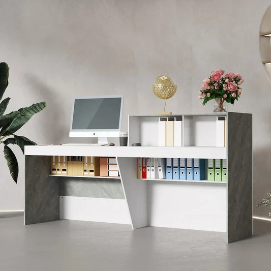 Comptoir de réception blanc avec surface informatique et 4 étagères
