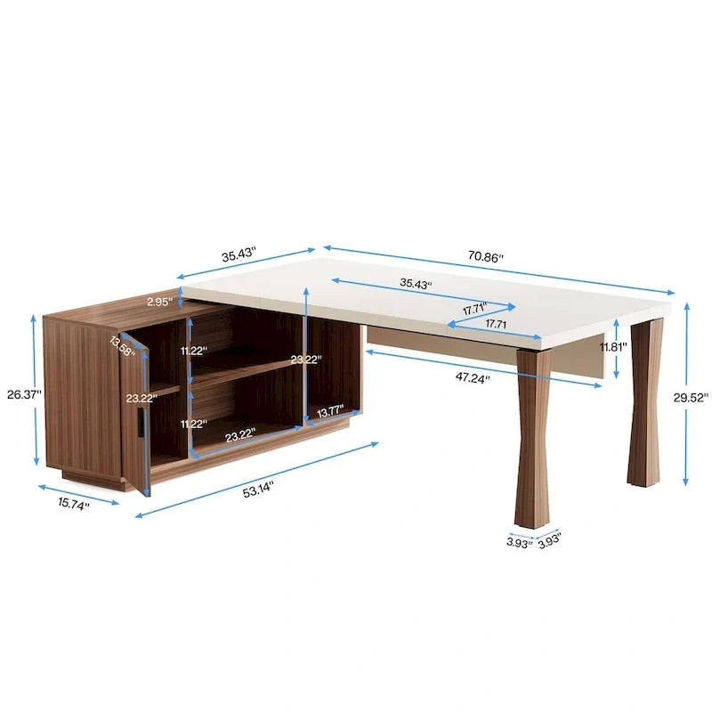 Grand bureau de direction de 180 cm, bureau en L avec étagères de rangement et armoire, ensemble de meubles de bureau pour professionnels