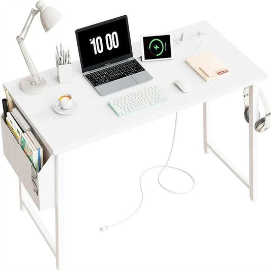 Bureau d'ordinateur blanc de 99 cm avec prise de courant