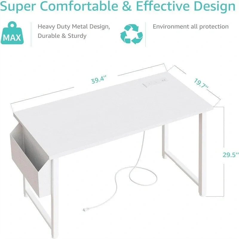 Bureau d'ordinateur blanc de 99 cm avec prise de courant