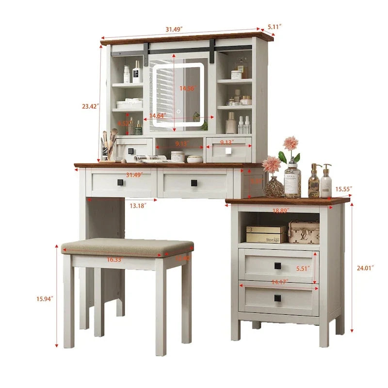 46.5 Table de Maquillage Coiffeuse de Ferme avec Miroir LED Réglable et Station de Recharge, Coiffeuse de Style Rustique