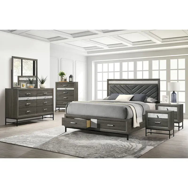 Ensemble de chambre à coucher 6 pièces Heinisk contemporain gris sur plateforme de Furniture of America