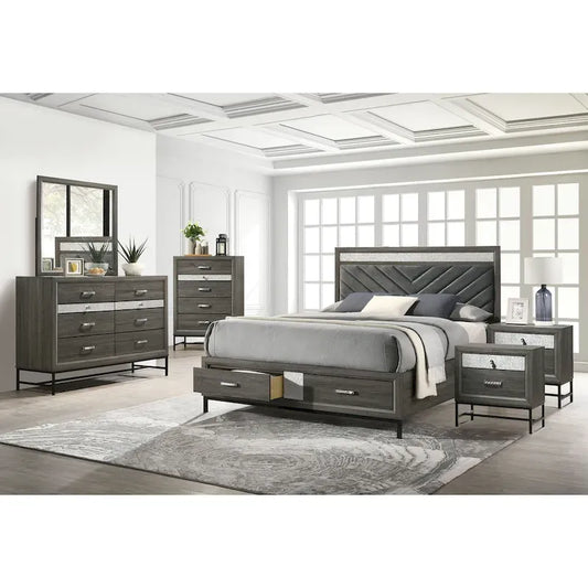 Ensemble de chambre à coucher 6 pièces Heinisk contemporain gris sur plateforme de Furniture of America