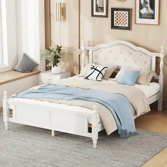 Lit Queen Size avec tête et pied de lit rembourrés, avec deux pieds de support pour longerons de lit et pieds de support pour plateforme centrale