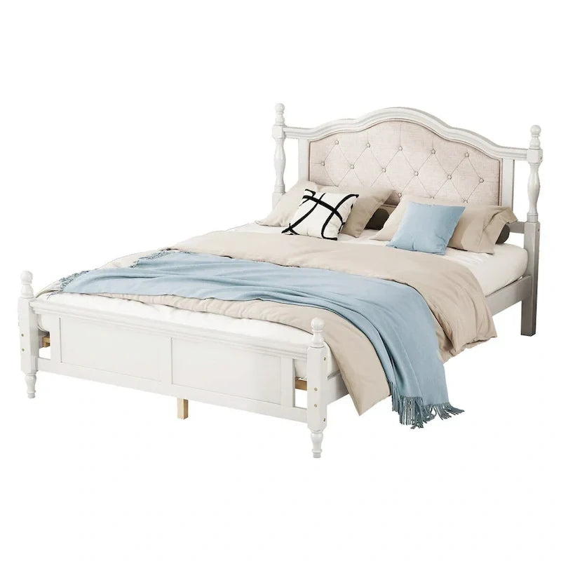Lit Queen Size avec tête et pied de lit rembourrés, avec deux pieds de support pour longerons de lit et pieds de support pour plateforme centrale