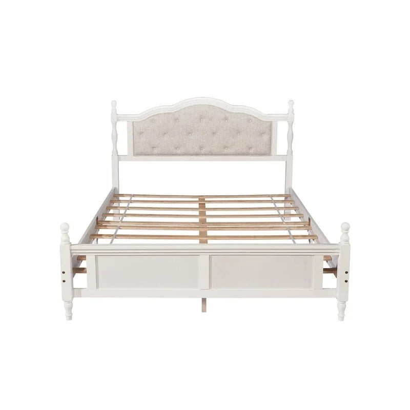 Lit Queen Size avec tête et pied de lit rembourrés, avec deux pieds de support pour longerons de lit et pieds de support pour plateforme centrale