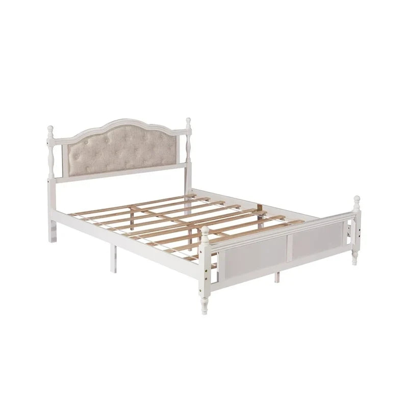 Lit Queen Size avec tête et pied de lit rembourrés, avec deux pieds de support pour longerons de lit et pieds de support pour plateforme centrale