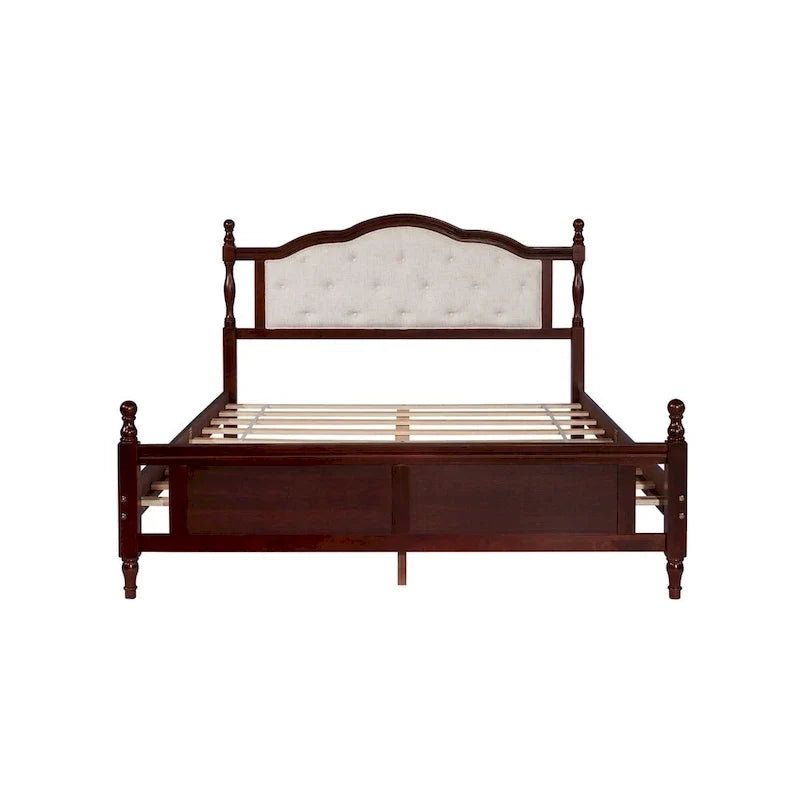 Lit Queen Size avec tête et pied de lit rembourrés, avec deux pieds de support pour longerons de lit et pieds de support pour plateforme centrale
