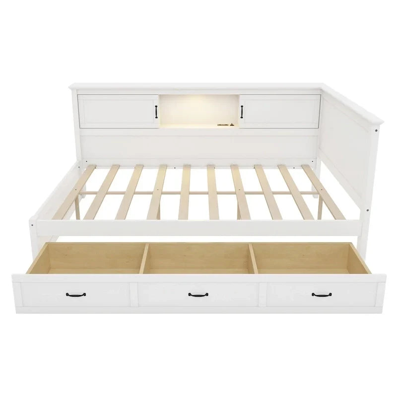 Cadre de lit d'angle en L avec tiroir, bibliothèque, spot LED et port USB