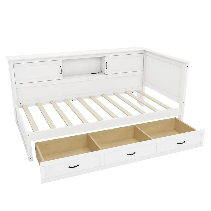 Cadre de lit d'angle en L avec tiroir, bibliothèque, spot LED et port USB