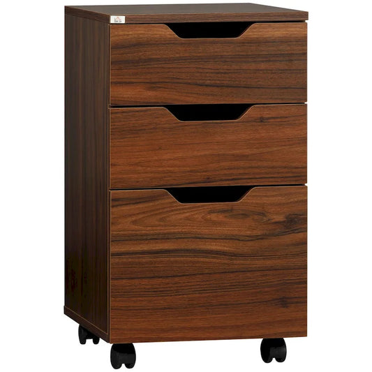 Meuble de rangement de bureau à 3 tiroirs, meuble bas avec roulettes, grain de bois marron