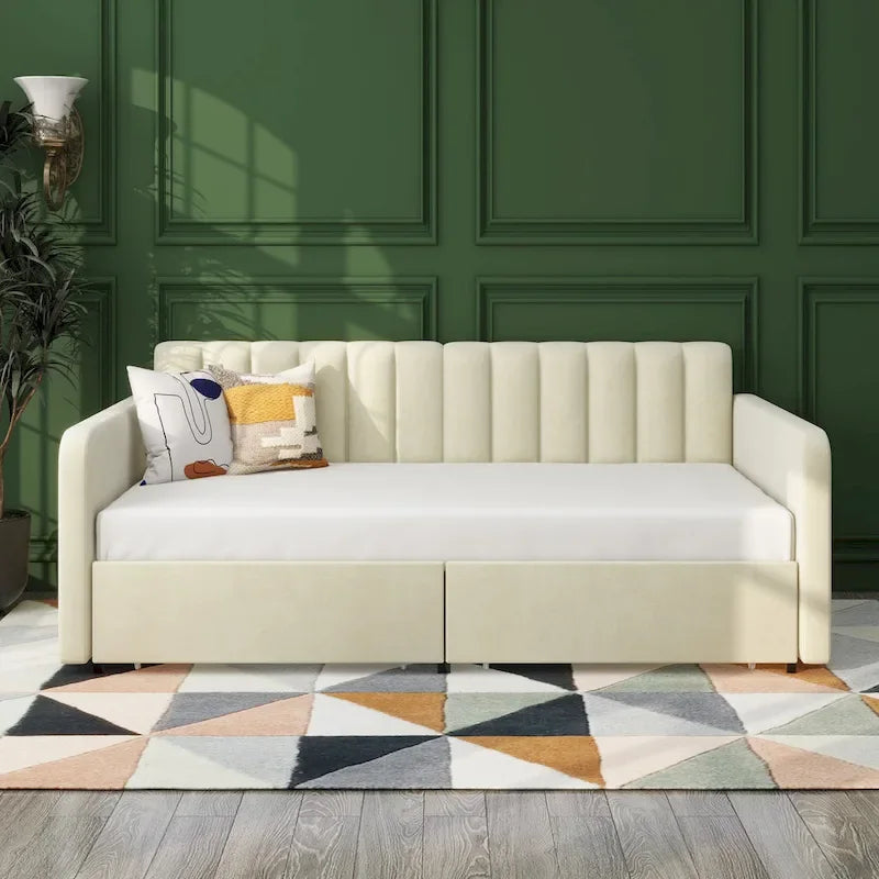 Lit de repos double en velours moderne Epiphyllum avec 2 tiroirs et dossier capitonné côtelé par Christopher Knight Home
