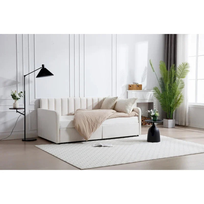 Lit de repos double en velours moderne Epiphyllum avec 2 tiroirs et dossier capitonné côtelé par Christopher Knight Home